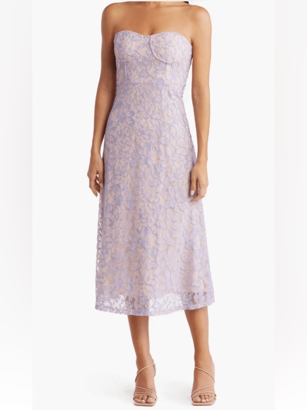 NSR Strapless Lavender and Pink Lace Midi Dress Bustier Bodice A Line size Small